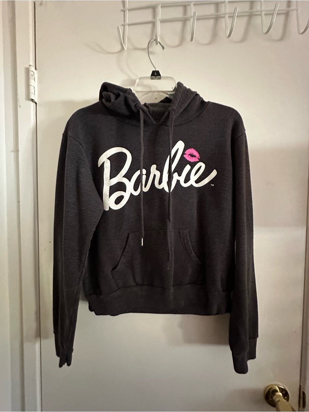 Barbie Black Hoodie with White Script and Pink Lip Graphic